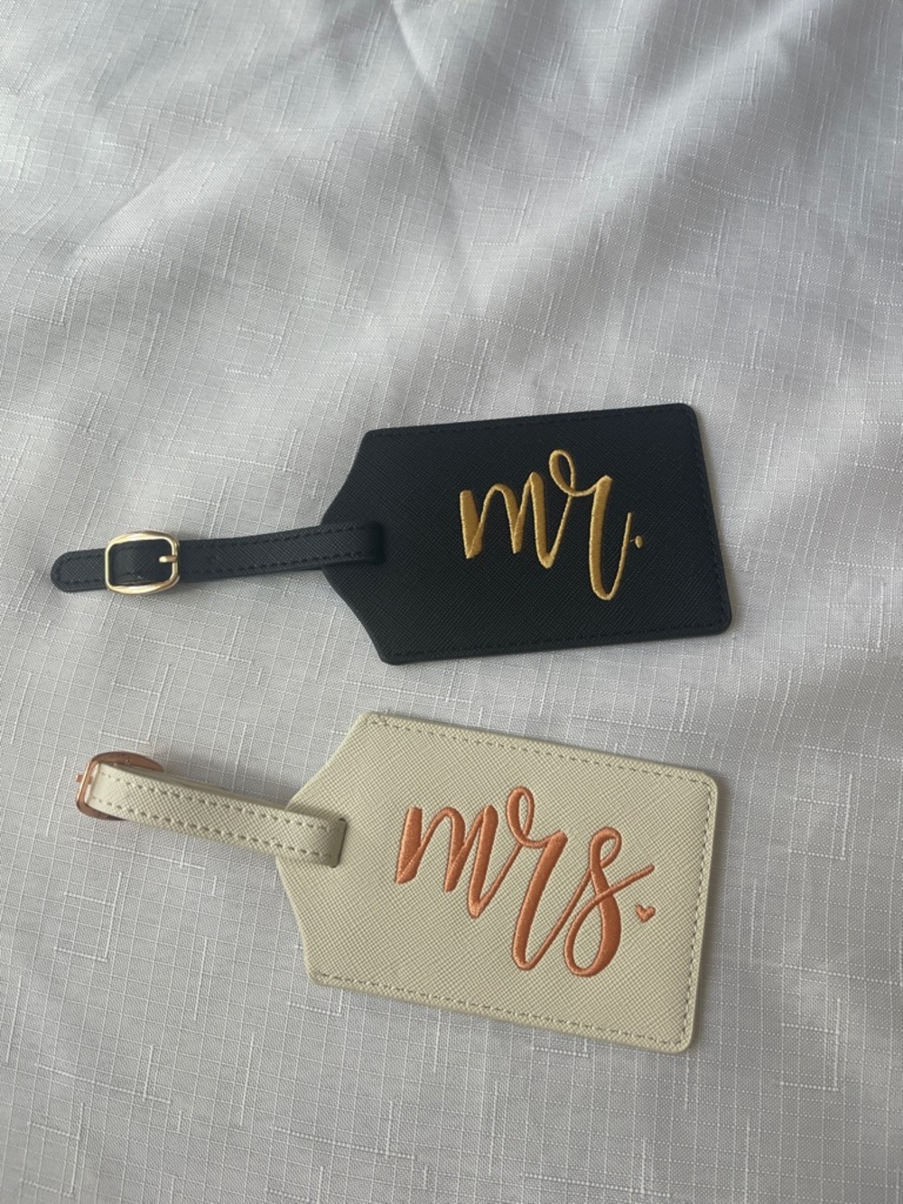 Mr. and Mrs. Luggage Tags - Black & Cream with Gold & Rose Gold Script